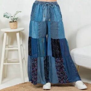Young Threads Bohemian Patchwork Palazzo Wide-Leg Pants Large Indigo